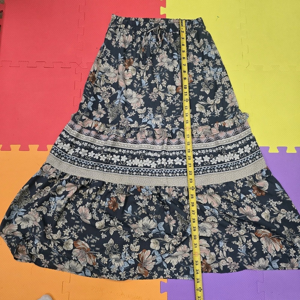 Sienna Sky Floral Boho Maxi Skirt‎ Navy Blue Size Medium Elastic Waist Tiered